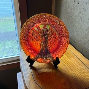 Carnival Glass Decorative Plate - Red-Orange Home Art Accent